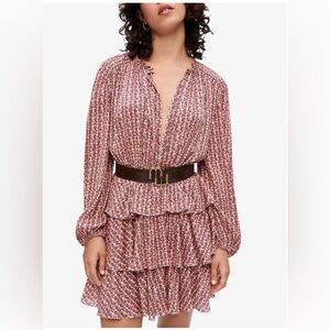 MAJE Flounced Printed Flowing Mini Dress Size 42 Color Dark Pink